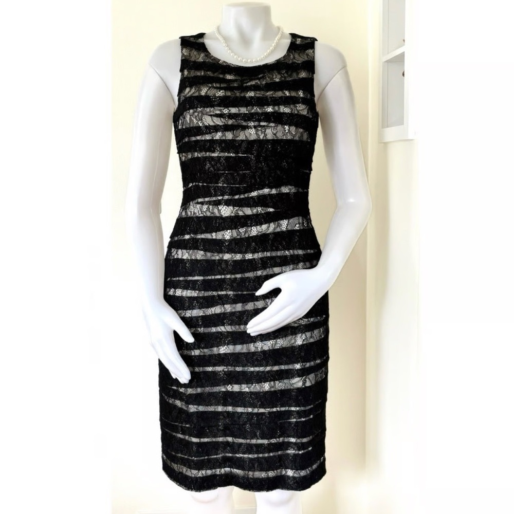 CALVIN KLEIN Black Lace Illusion Midi Sheath Dress Size 10 GUC $150 KL DEFECT